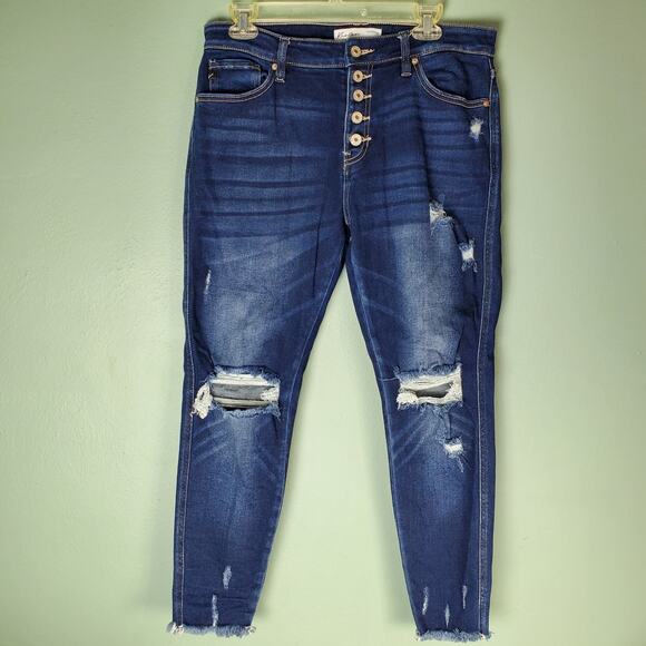 Kancan Womens Exposed Button Fly Skinny Curvy High Rise Frayed Hem Jeans Size 29 - Picture 1 of 6